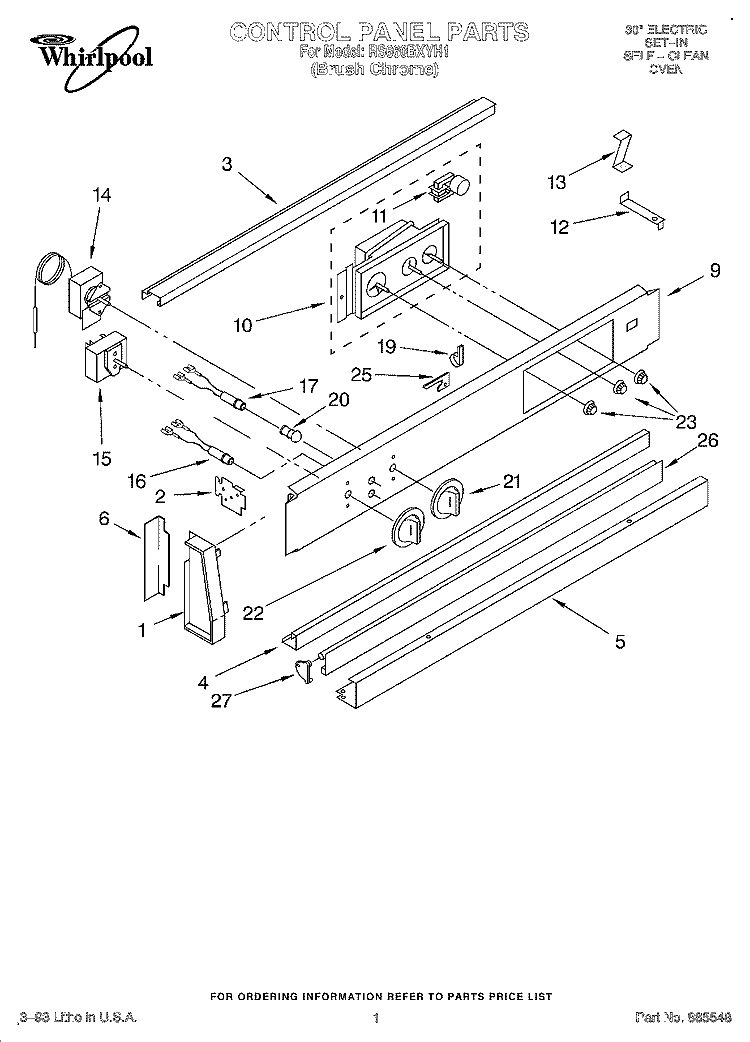 CONTROL PANEL, LITERATURE Diagram and Parts List for RS660BXYH1  Whirlpool Range