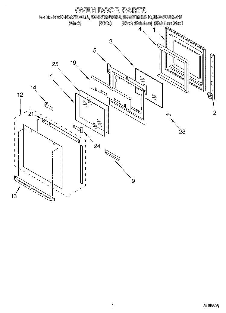 OVEN DOOR Diagram and Parts List for KEBS278DBS10  KitchenAid Wall Oven