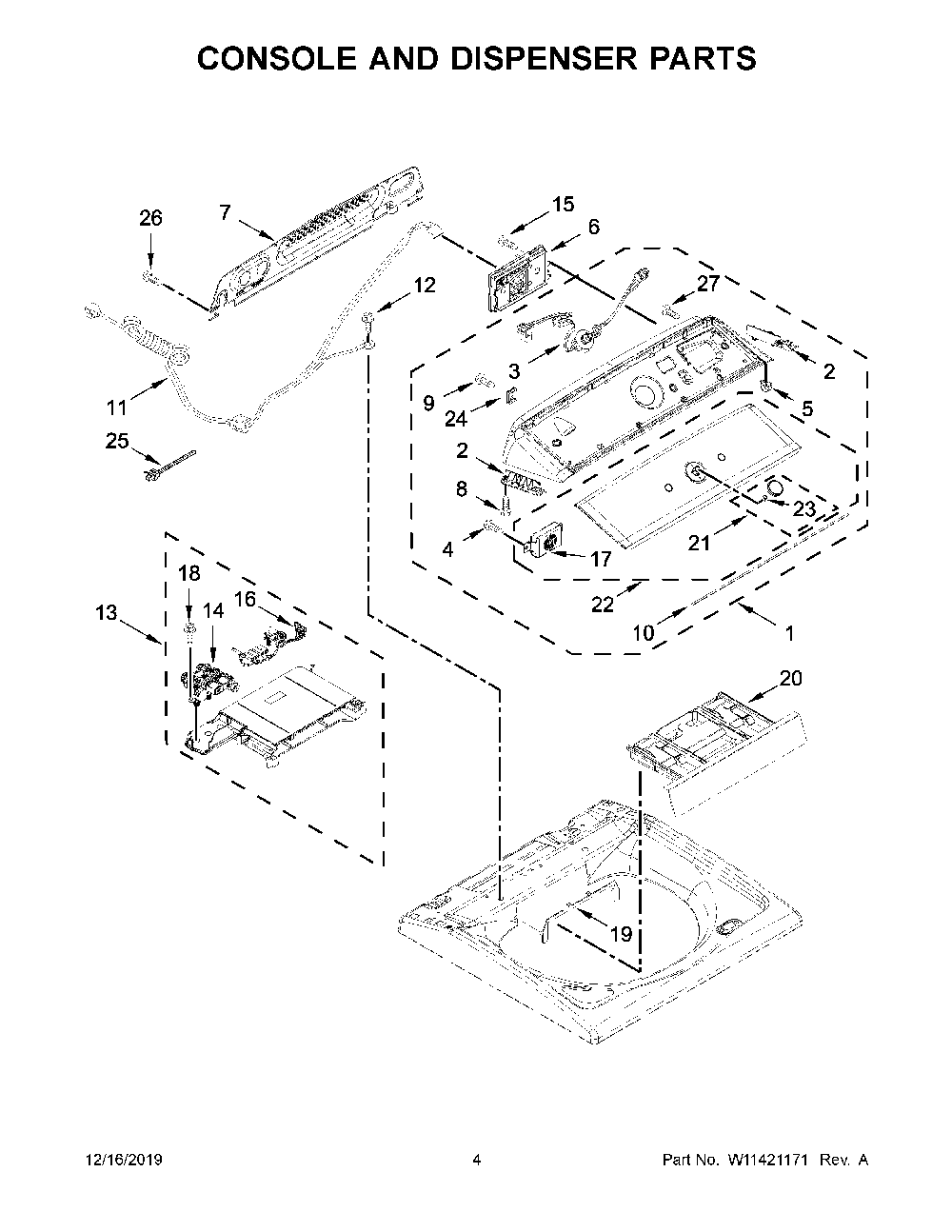 Console and dispenser parts Diagram and Parts List for 11028133414  Kenmore Washer