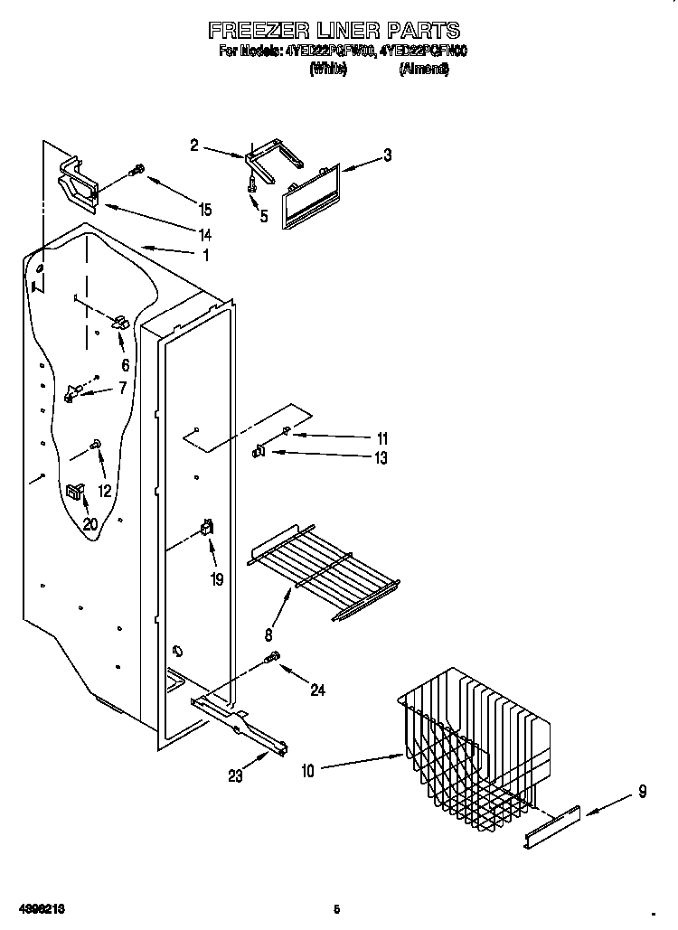 Freezer Liner Diagram and Parts List for 4YED22PQFW00  Whirlpool Refrigerator