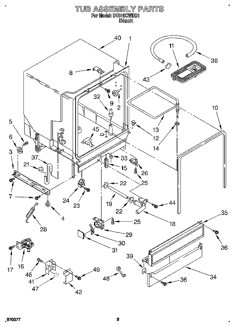 TUB ASSEMBLY Diagram and Parts List for DU810CWDB1  Whirlpool Dishwasher