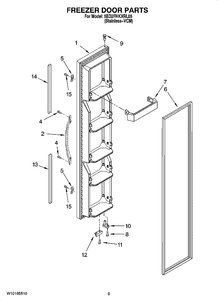 FREEZER DOOR PARTS Diagram and Parts List for 5ED2FHKXRL05  Whirlpool Refrigerator