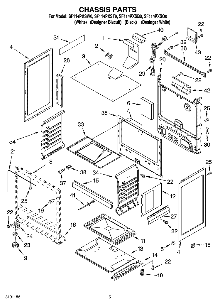 CHASSIS PARTS Diagram and Parts List for SF114PXST0  Whirlpool Range