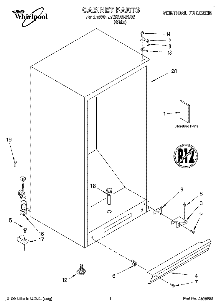 CABINET, LIT/OPTIONAL Diagram and Parts List for EV200NXGW02  Whirlpool Freezer