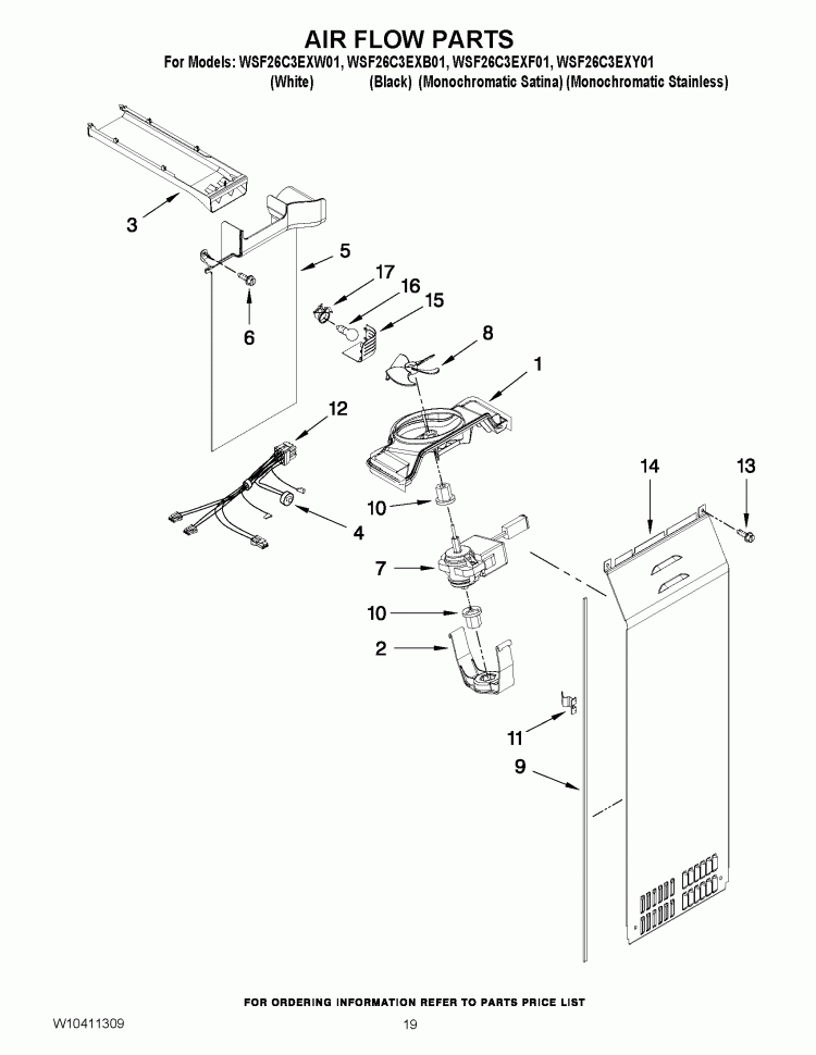 AIR FLOW PARTS Diagram and Parts List for WSF26C3EXB01  Whirlpool Refrigerator