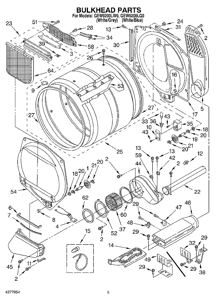 BULKHEAD Diagram and Parts List for GEW9200LW0  Whirlpool Dryer