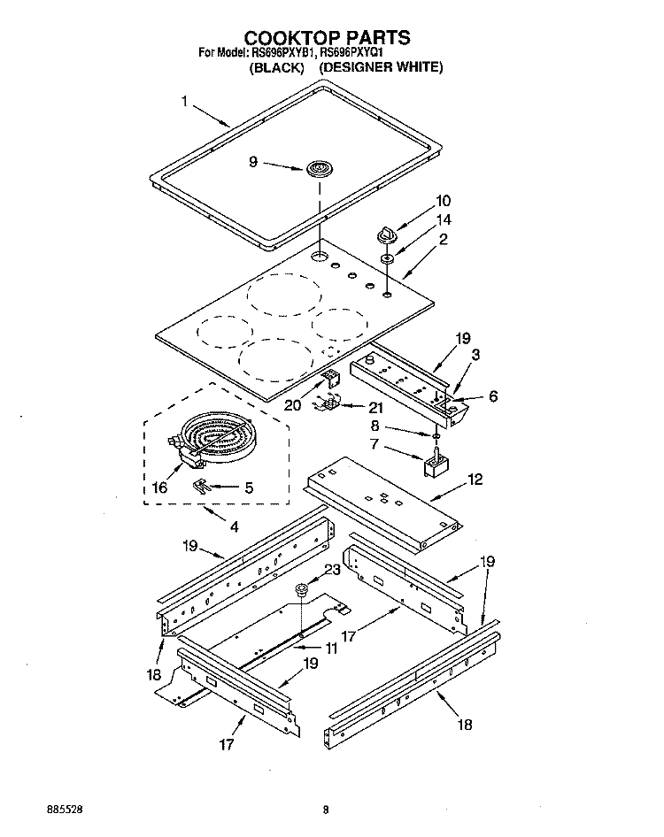 COOKTOP Diagram and Parts List for RS696PXYB1  Whirlpool Range