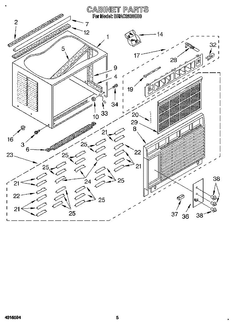 CABINET Diagram and Parts List for BHAC2530ES0  Whirlpool Air Conditioner