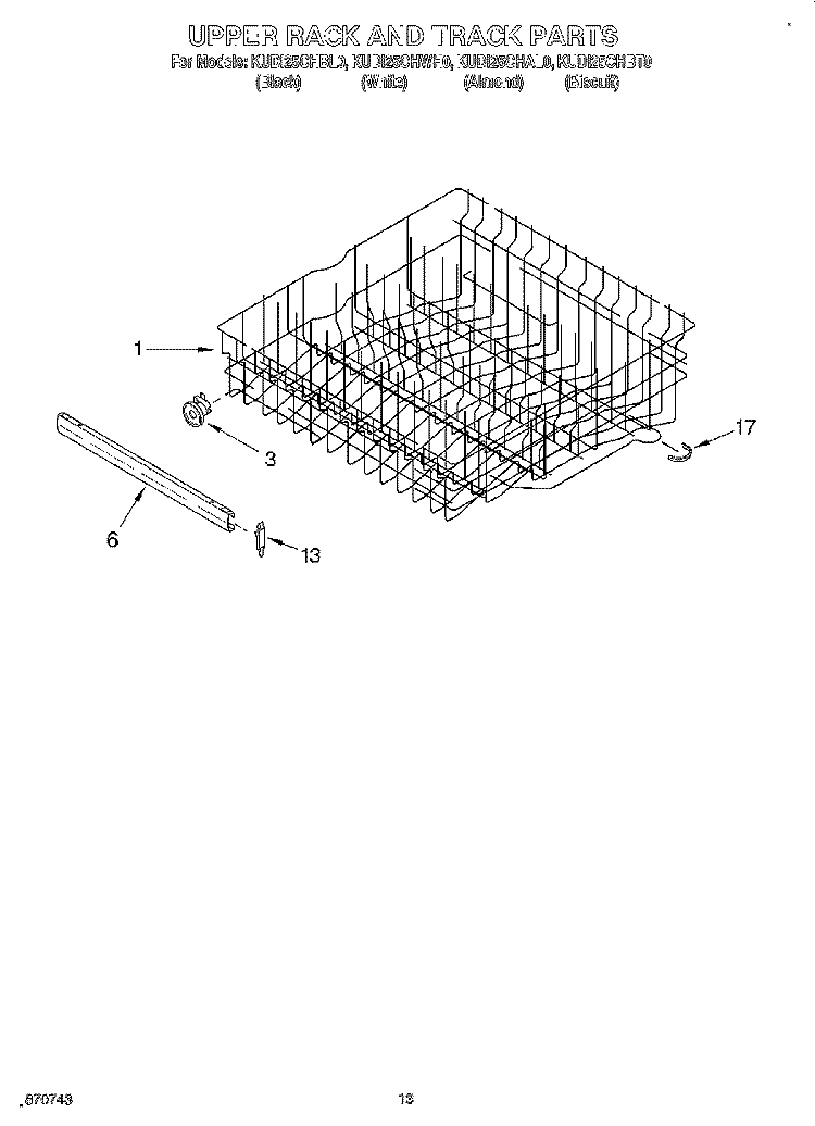 UPPER RACK AND TRACK Diagram and Parts List for KUDI25CHBL0  KitchenAid Dishwasher