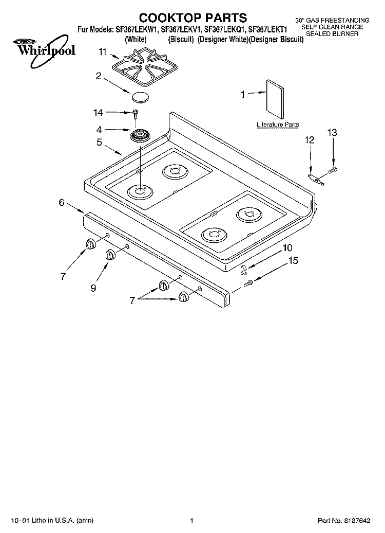 COOKTOP, LITERATURE Diagram and Parts List for SF367LEKV1  Whirlpool Range