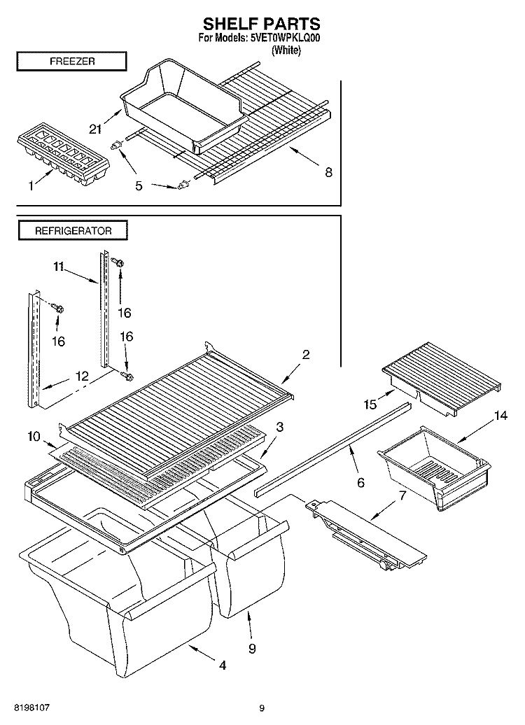 SHELF, OPTIONAL Diagram and Parts List for 5VET0WPKLQ00  Whirlpool Refrigerator