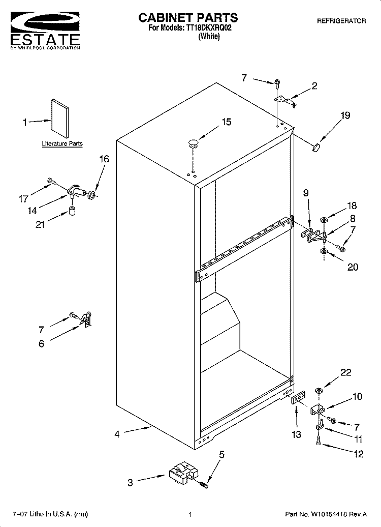 CABINET PARTS Diagram and Parts List for TT18DKXRQ02  Estate Refrigerator