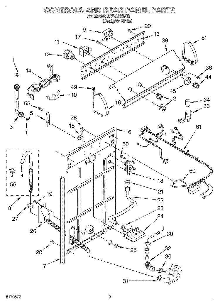 CONTROLS AND REAR PANEL Diagram and Parts List for RAS7233KQ0  Roper Washer