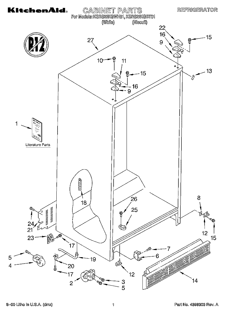 CABINET, LITERATURE Diagram and Parts List for KSRS22KGBT01  KitchenAid Refrigerator