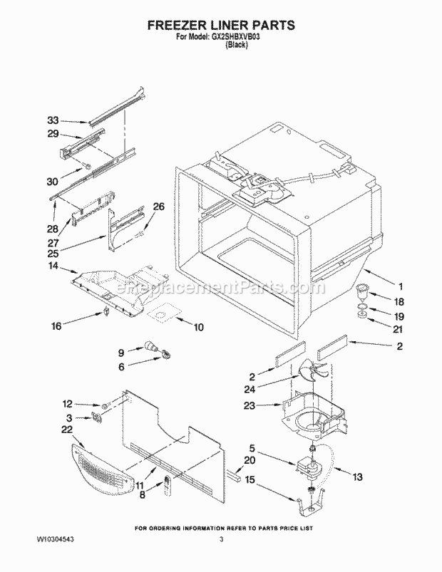 Freezer Liner Parts Diagram and Parts List for W10304543A  Whirlpool Refrigerator