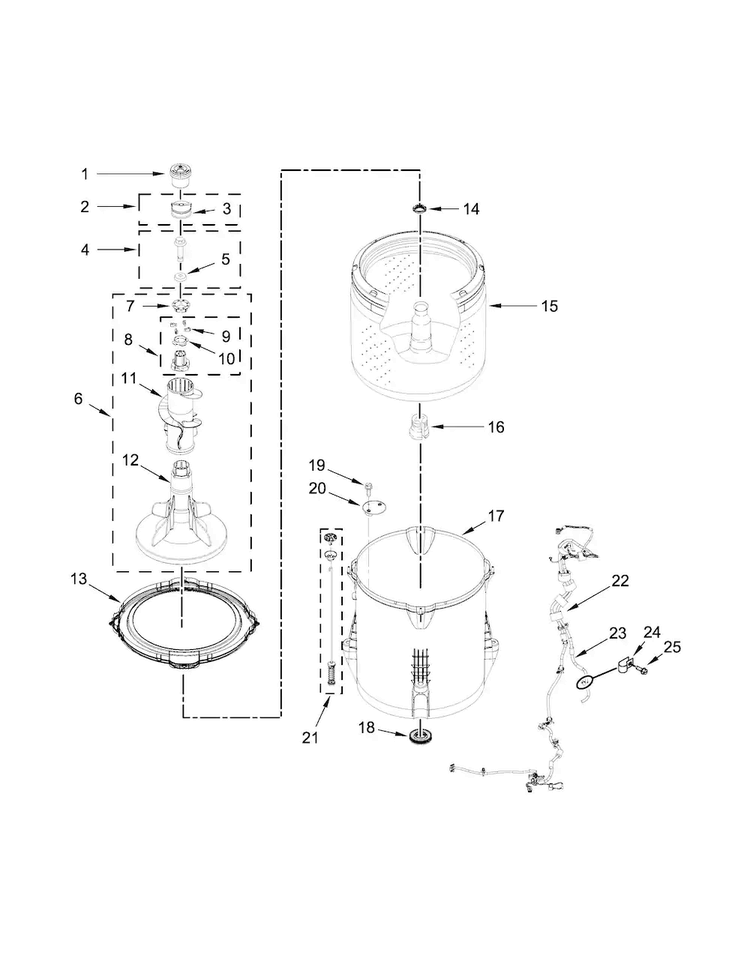 Basket And Tub Parts Diagram and Parts List for 1CWTW4845EW1  Whirlpool Washer