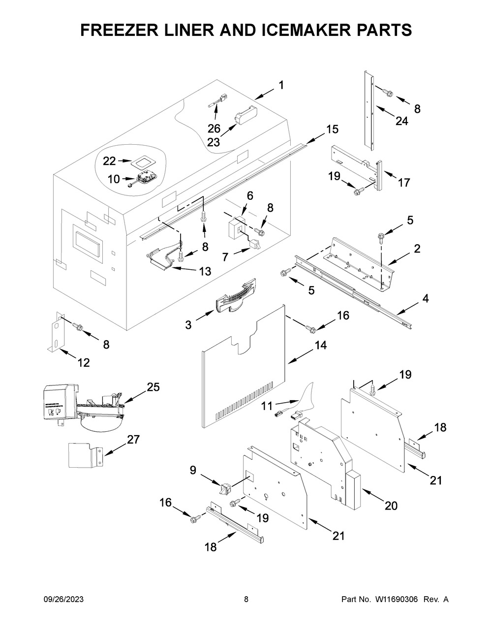 Freezer Liner And Icemaker Parts Diagram and Parts List for KBFN506EPA05  KitchenAid Refrigerator