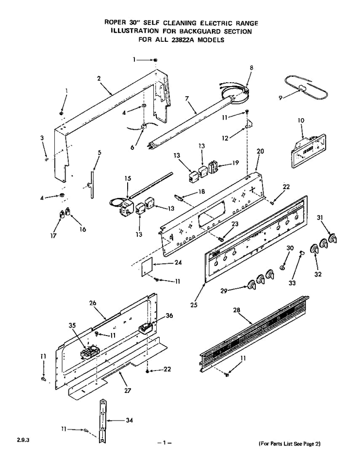 Backguard Diagram and Parts List for 2382*2A  Roper Range