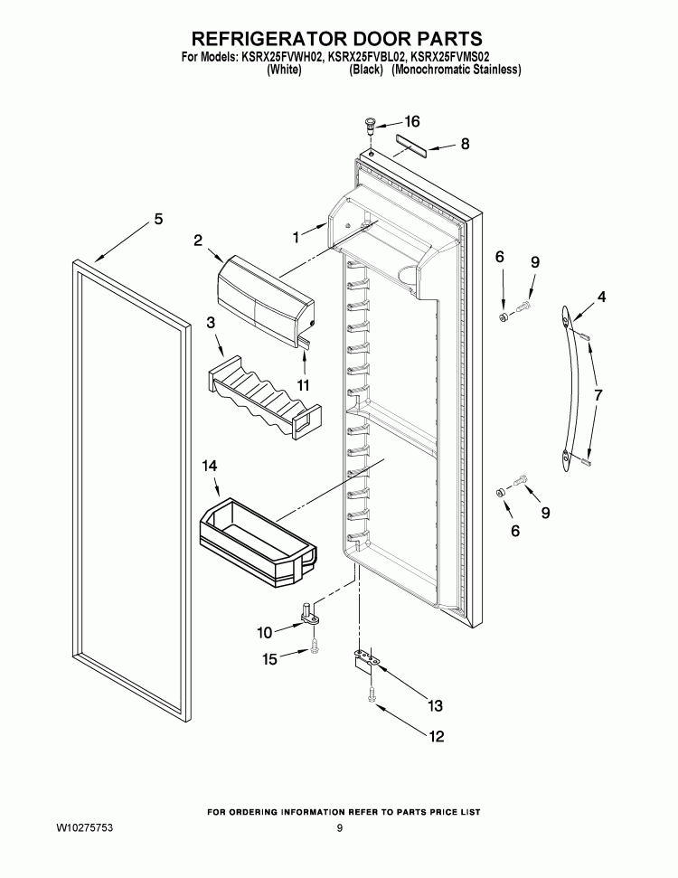 REFRIGERATOR DOOR PARTS Diagram and Parts List for KSRX25FVMS02  KitchenAid Refrigerator