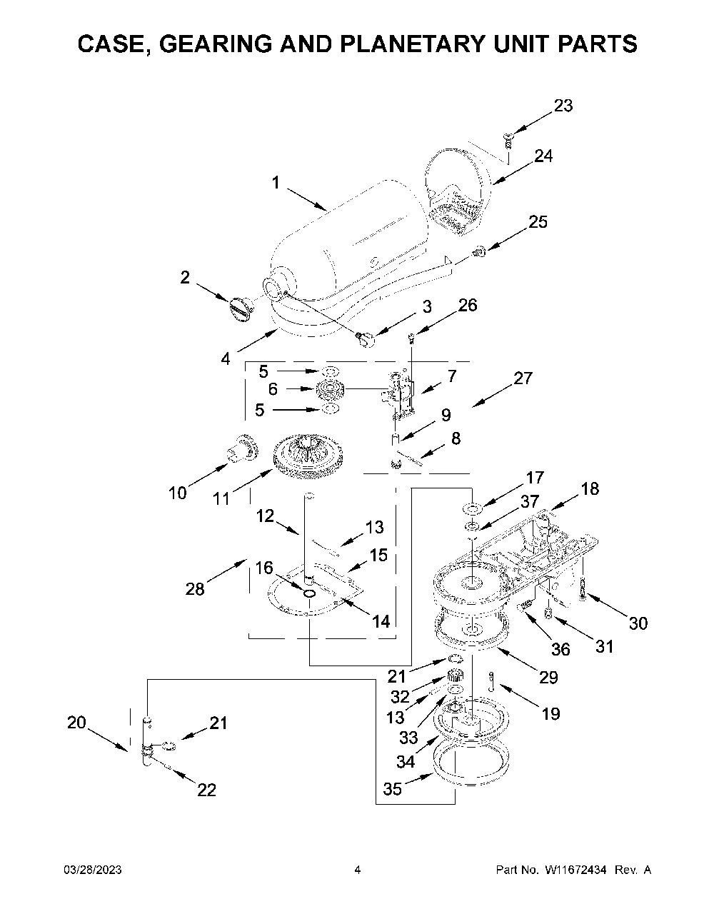 Case, Gearing And Planetary Unit Parts Diagram and Parts List for K45SSWH5  KitchenAid Mixer