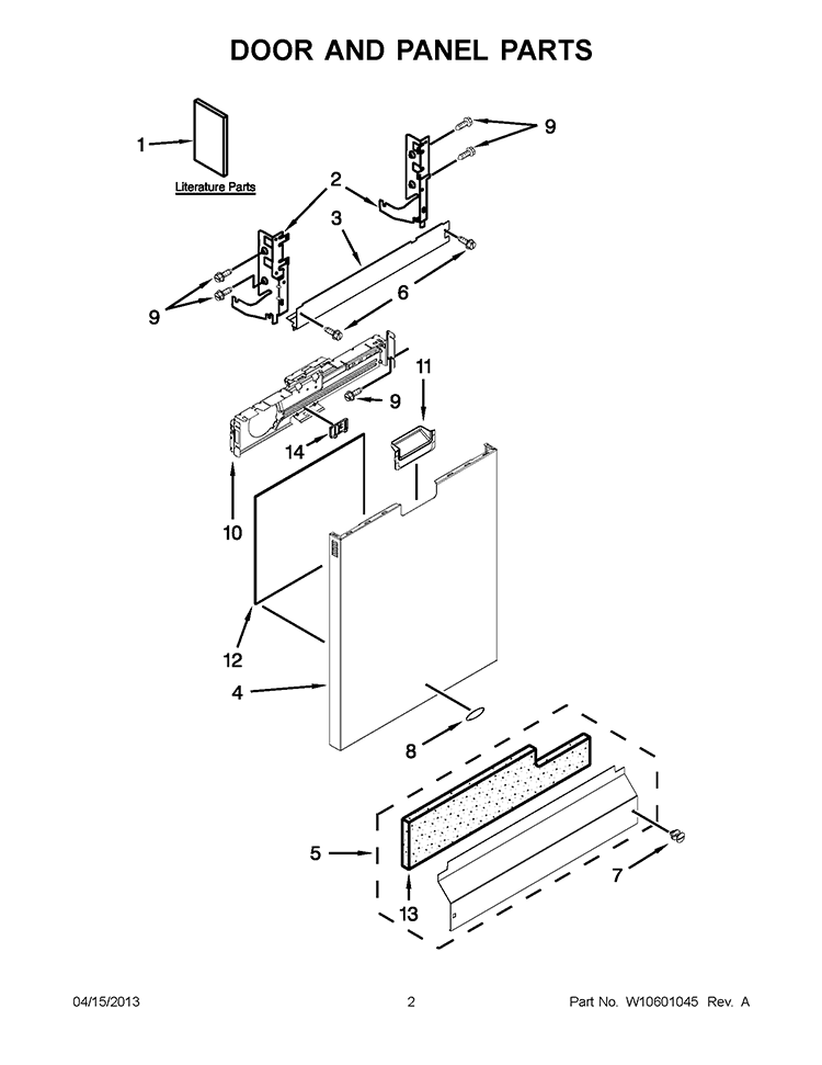 DOOR AND PANEL PARTS Diagram and Parts List for WDF775SAYW2  Whirlpool Dishwasher