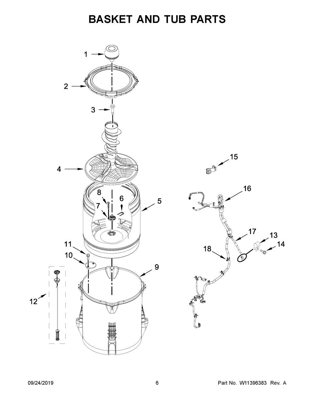 Basket And Tub Parts Diagram and Parts List for CAW42114GW2  Whirlpool Washer