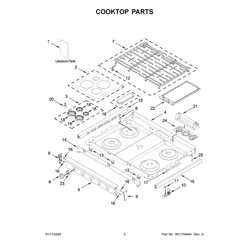 Cooktop Parts 2 Diagram and Parts List for WFGS7530RB1  Whirlpool Range