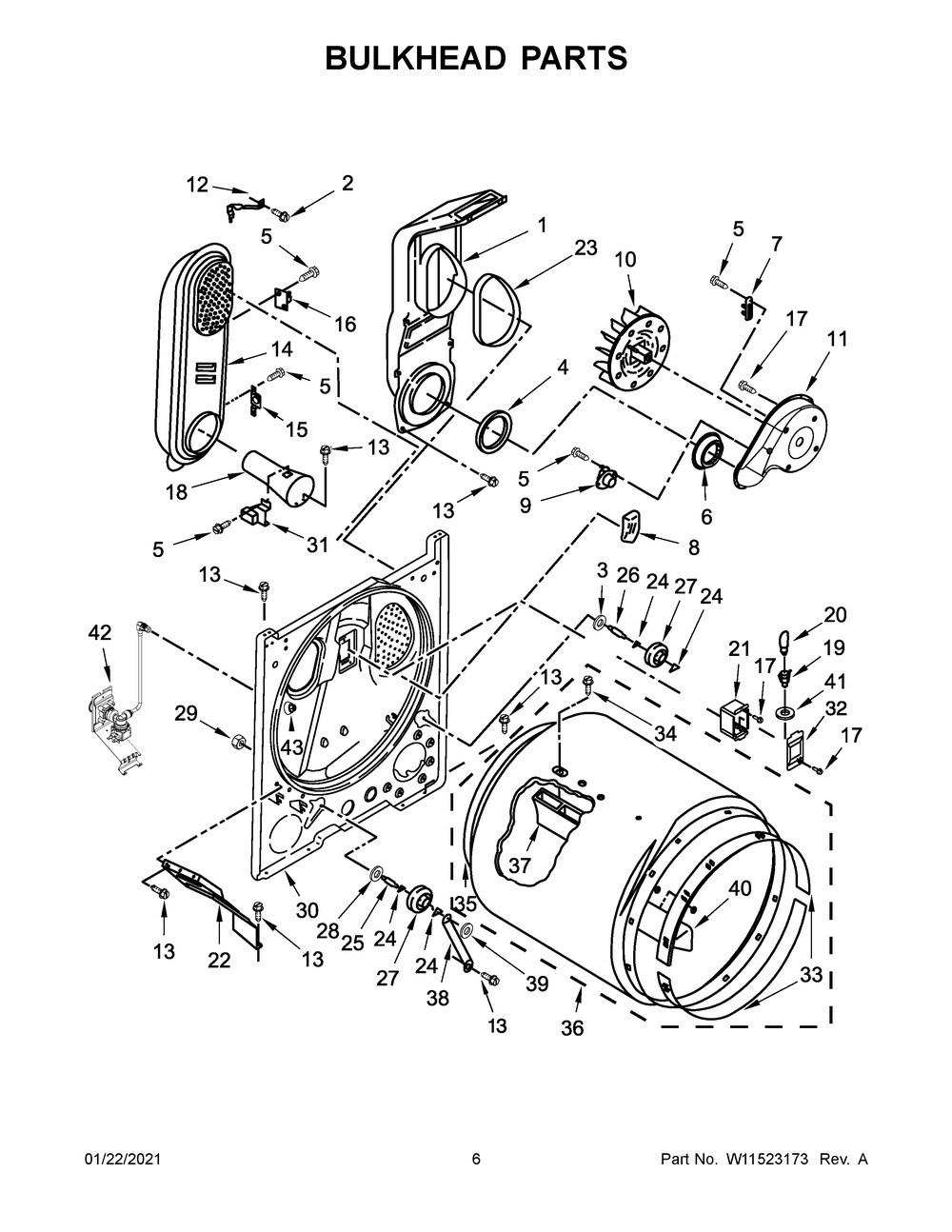 Bulkhead Parts Diagram and Parts List for WGD49STBW3  Whirlpool Dryer