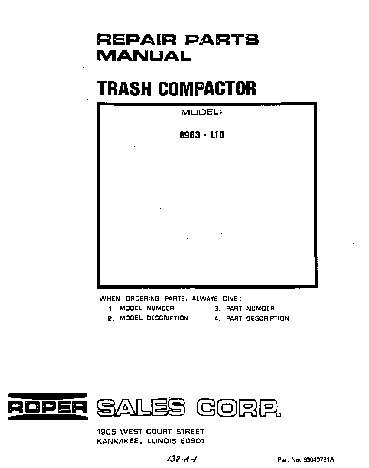 Front Cover Diagram and Parts List for 8963L10  Roper Trash Compactor