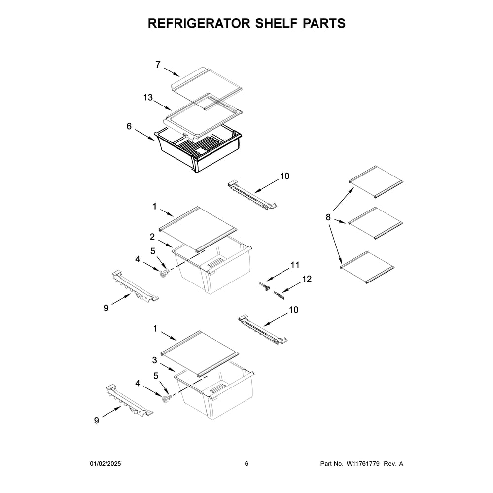 Refrigerator Shelf Parts Diagram and Parts List for WRS325SDHB11  Whirlpool Refrigerator