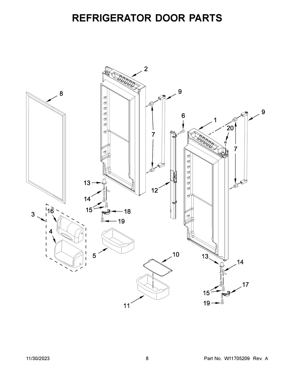 Refrigerator Door Parts Diagram and Parts List for KRFC300EWH11  KitchenAid Refrigerator