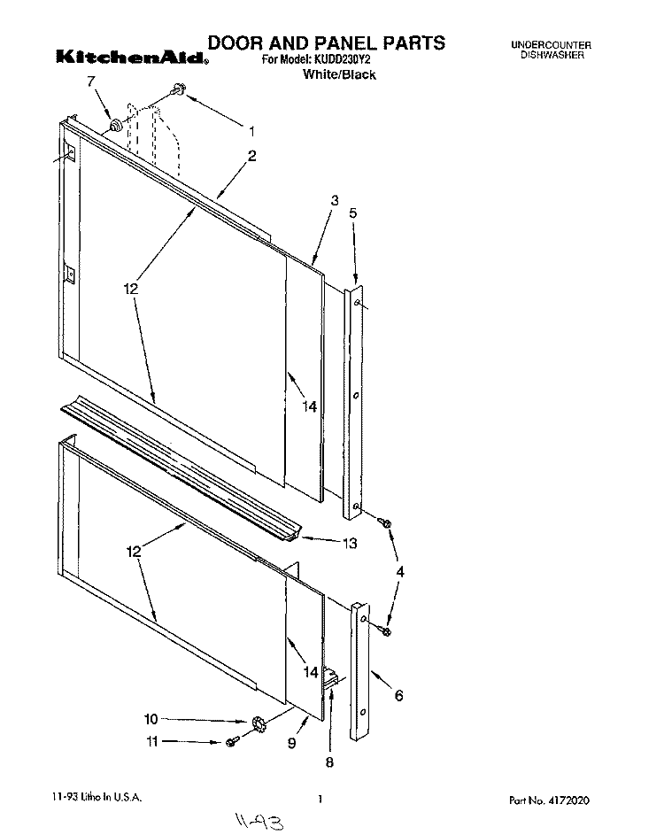 DOOR AND PANEL Diagram and Parts List for KUDD230Y2  KitchenAid Dishwasher