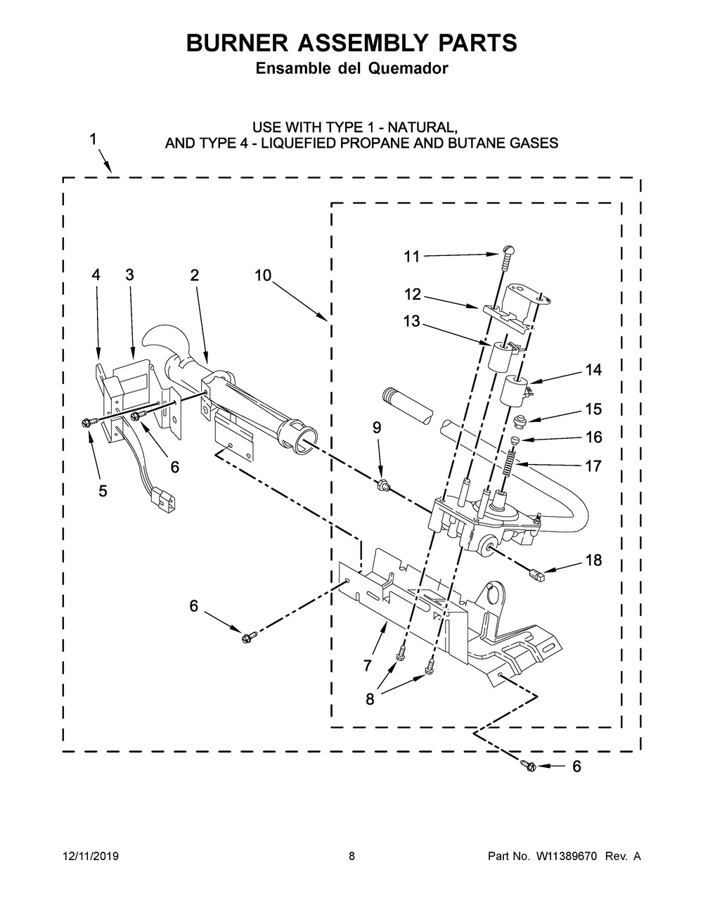 Burner Assembly Parts Diagram and Parts List for 7MWGD1930JM0  Whirlpool Dryer