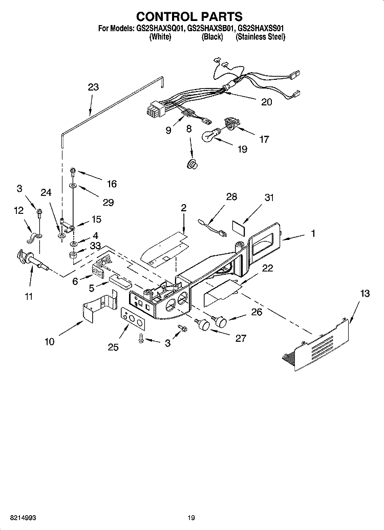 CONTROL PARTS Diagram and Parts List for GS2SHAXSQ01  Whirlpool Refrigerator