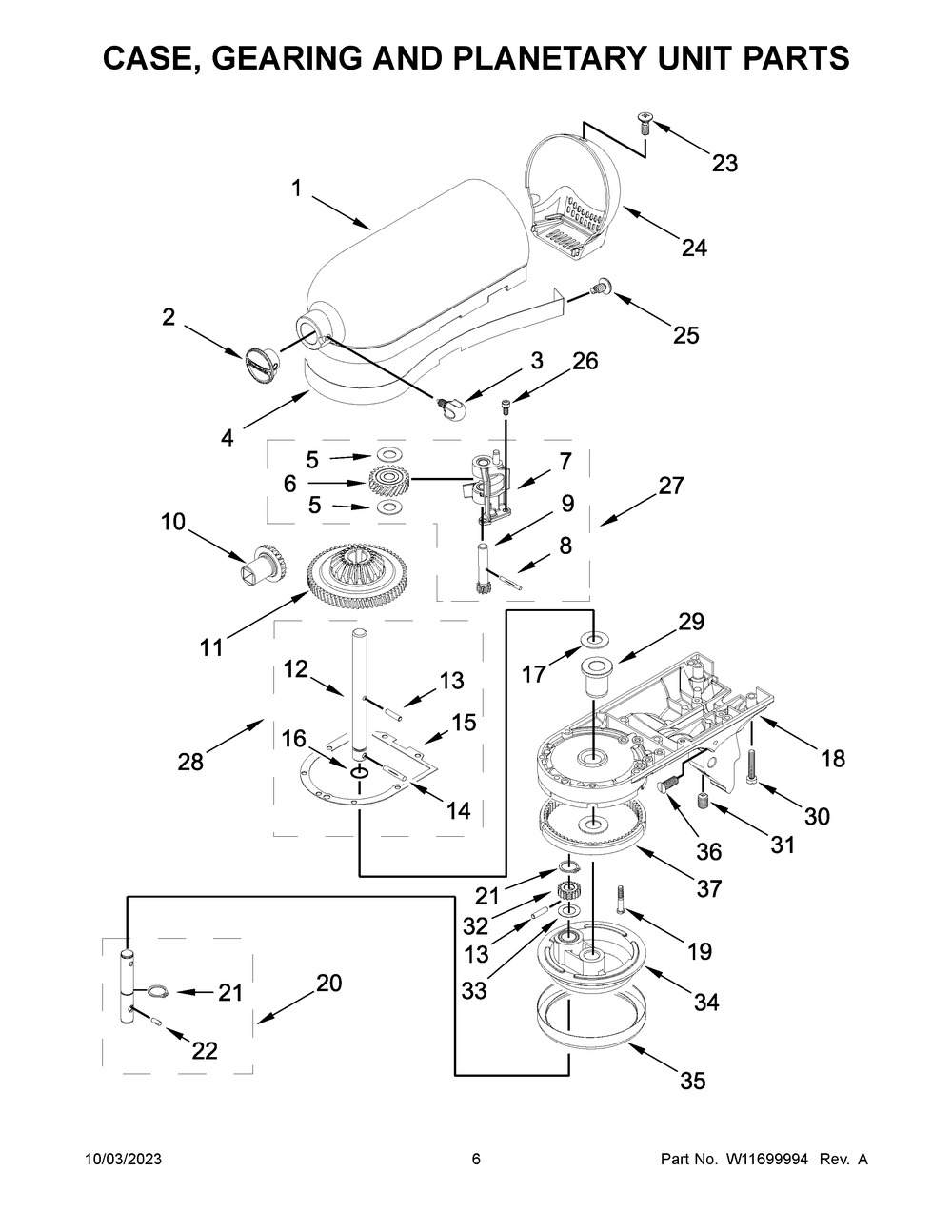Case, Gearing And Planetary Unit Parts Diagram and Parts List for KSM150WPOB5  KitchenAid Mixer
