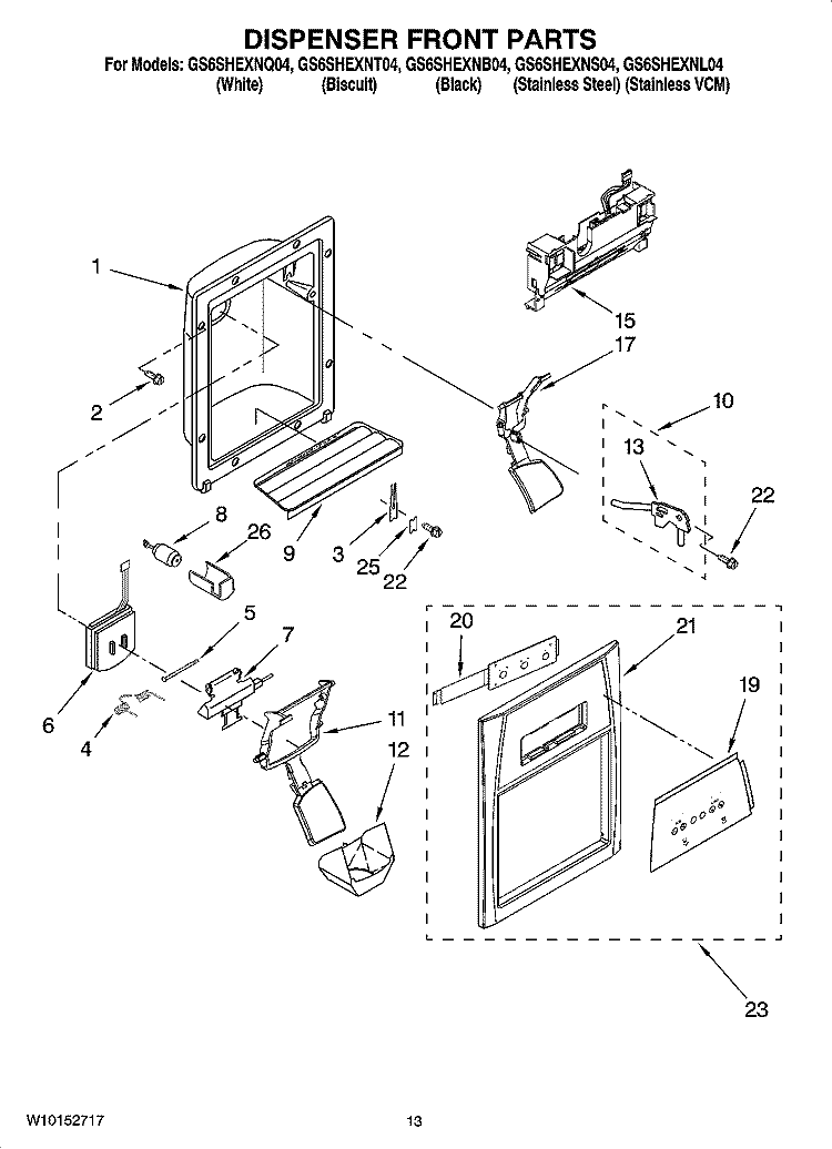 DISPENSER FRONT PARTS Diagram and Parts List for GS6SHEXNT04  Whirlpool Refrigerator