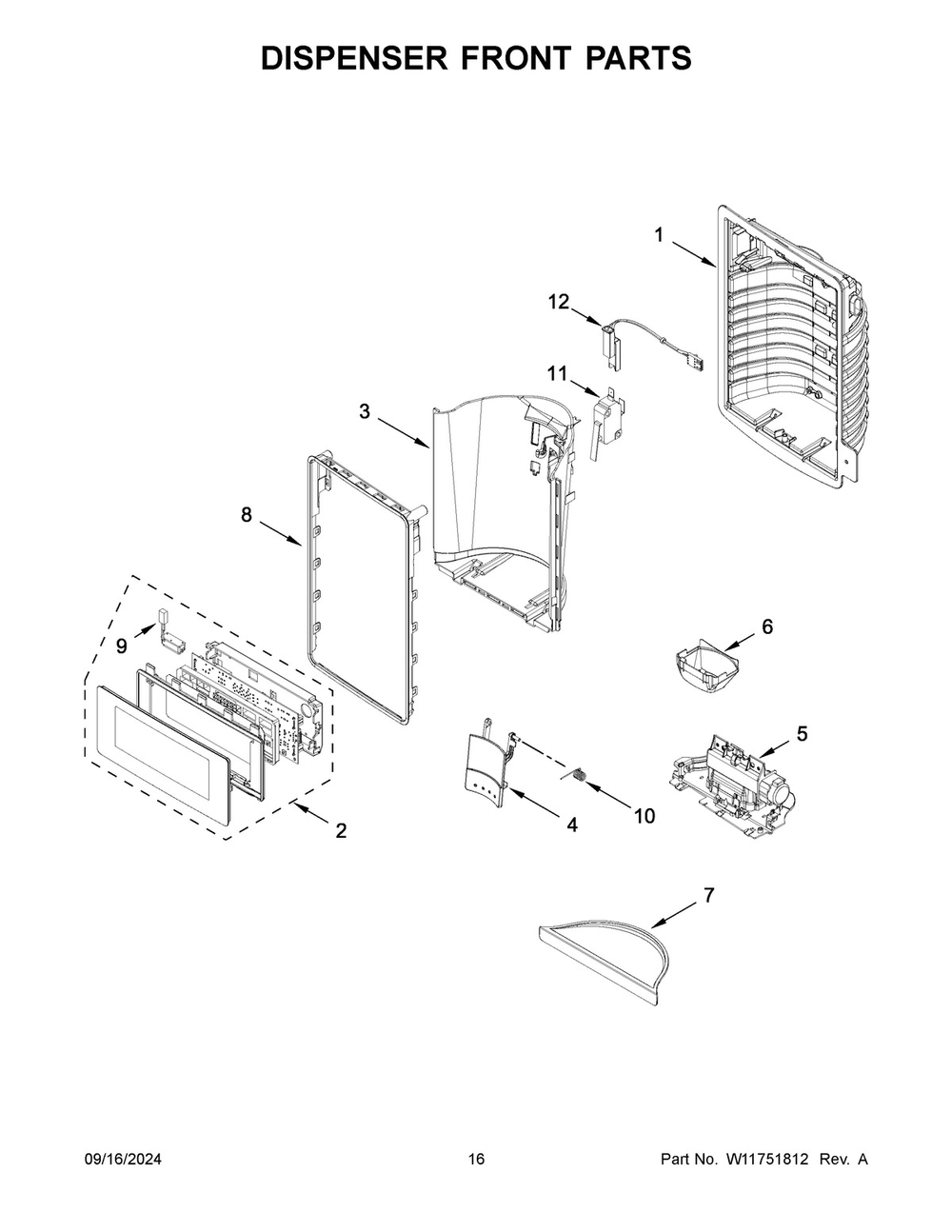 09 - Dispenser Front Parts Diagram and Parts List for KRMF706EBS06  Whirlpool Refrigerator