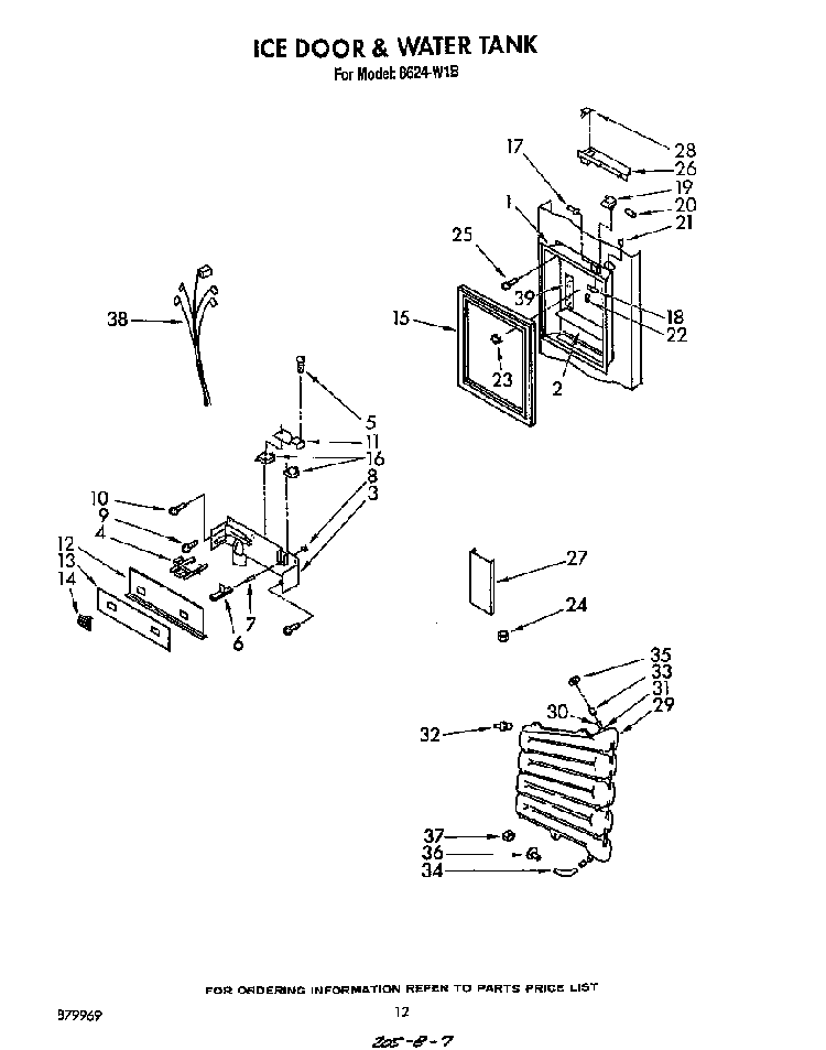 Ice Door And Water Tank Diagram and Parts List for 8624*1B  Roper Refrigerator