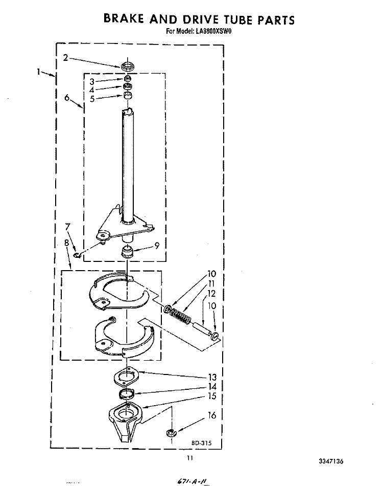 BRAKE AND DRIVE TUBE Diagram and Parts List for LA8800XSW0  Whirlpool Washer