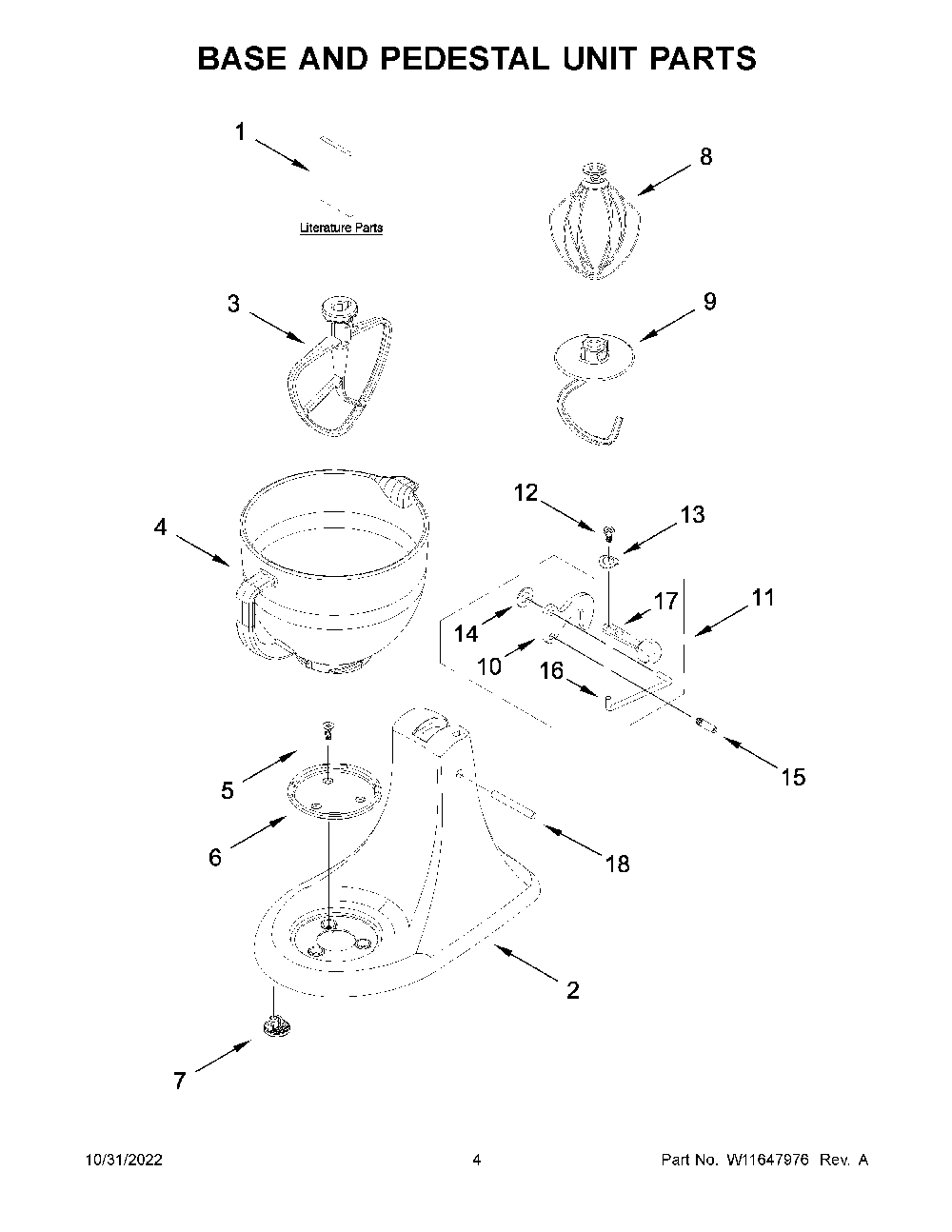 Base And Pedestal Unit Parts Diagram and Parts List for KSM182CADFL0  KitchenAid Mixer
