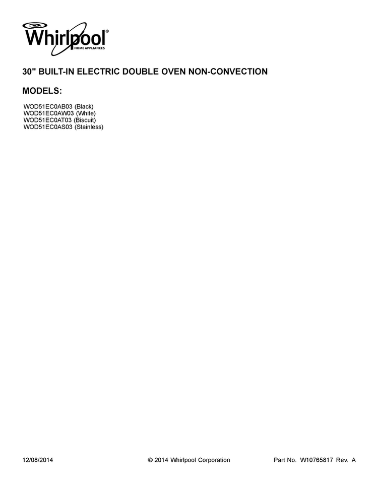 Cover Sheet Diagram and Parts List for WOD51EC0AB03  Whirlpool Wall Oven