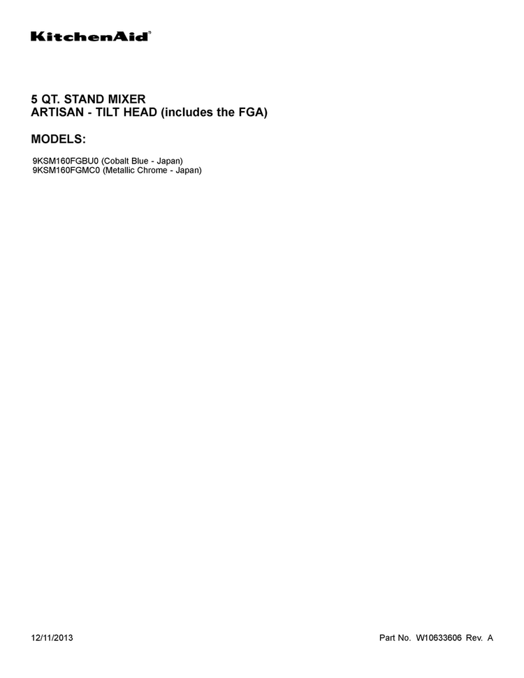 Cover Sheet Diagram and Parts List for 9KSM160FGBU0  KitchenAid Mixer