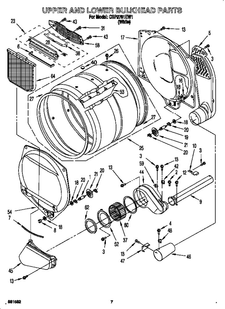 Upper And Lower Bulkhead Diagram and Parts List for CSP2761EW1  Whirlpool Dryer