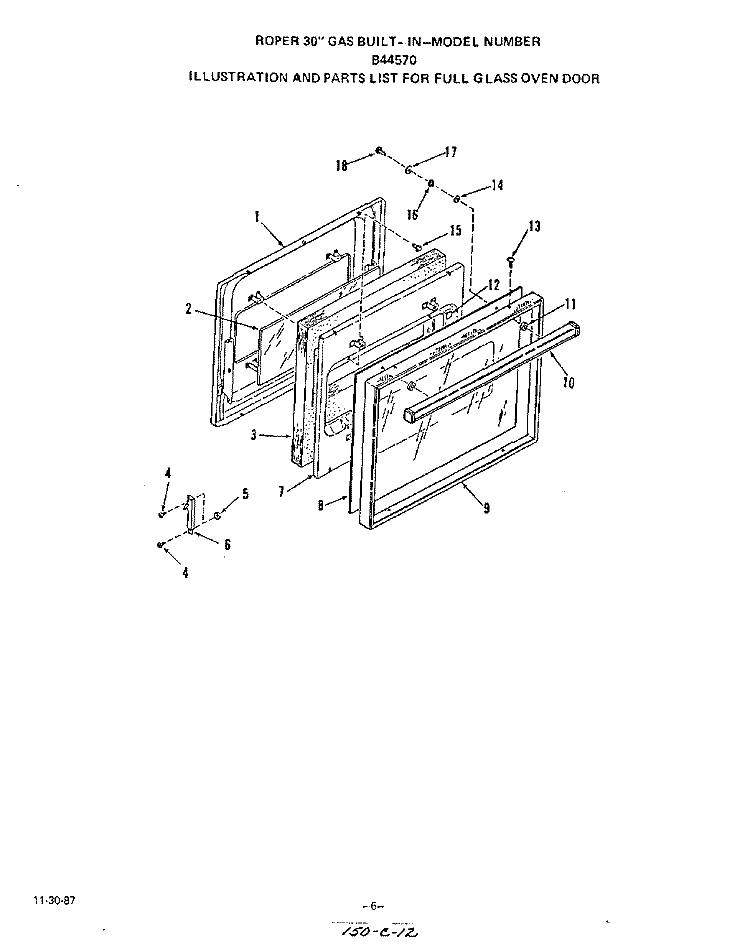 FULL GLASS OVEN DOOR Diagram and Parts List for B4457B0  Roper Range