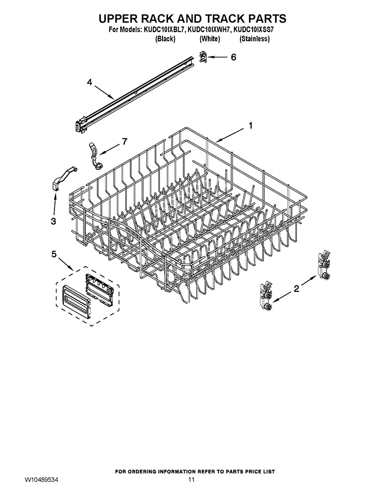 UPPER RACK AND TRACK PARTS Diagram and Parts List for KUDC10IXBL7  KitchenAid Dishwasher