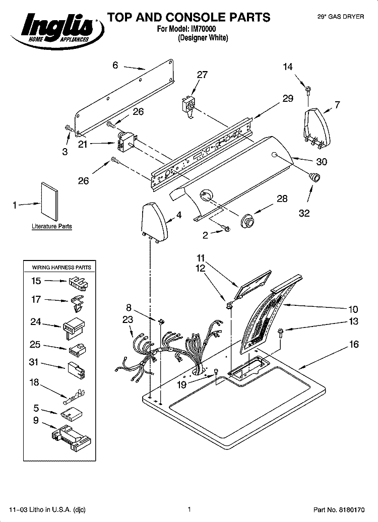 TOP AND CONSOLE PARTS Diagram and Parts List for IM70000  Inglis Dryer