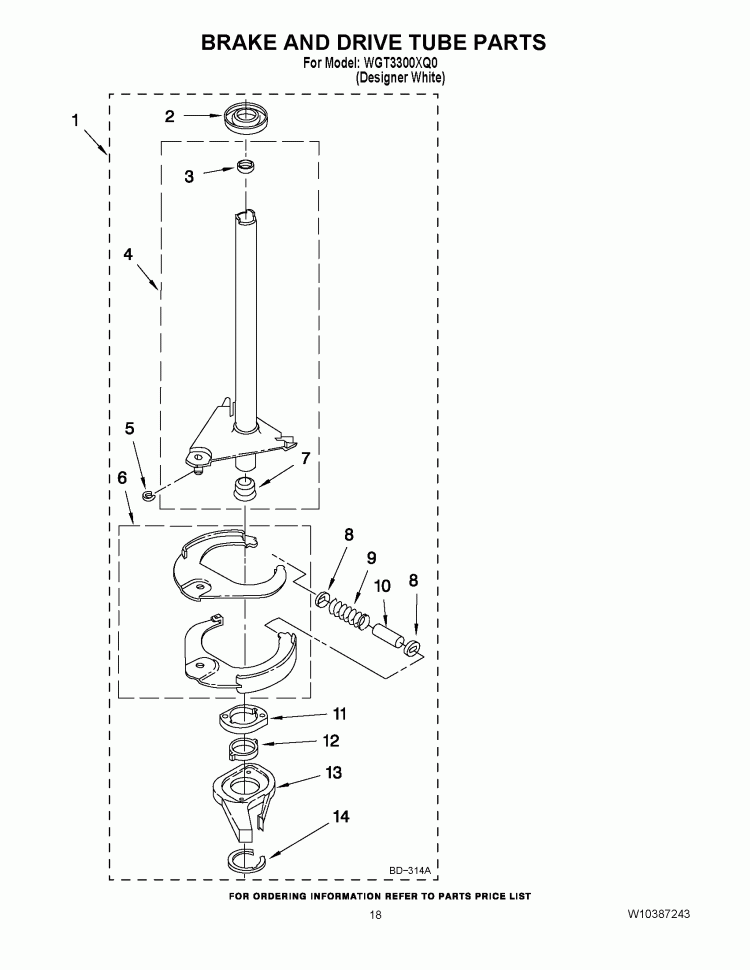 BRAKE AND DRIVE TUBE PARTS Diagram and Parts List for WGT3300XQ0  Whirlpool Washer Dryer Combo
