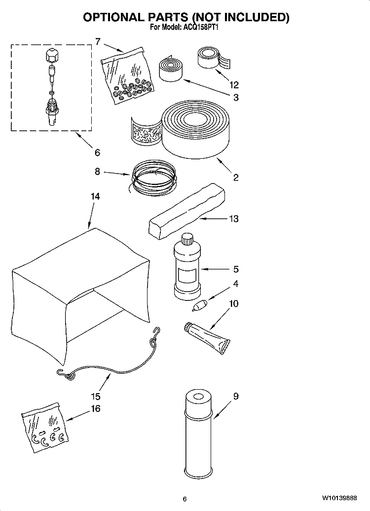 OPTIONAL  PARTS (NOT INCLUDED) Diagram and Parts List for ACQ158PT1  Whirlpool Air Conditioner