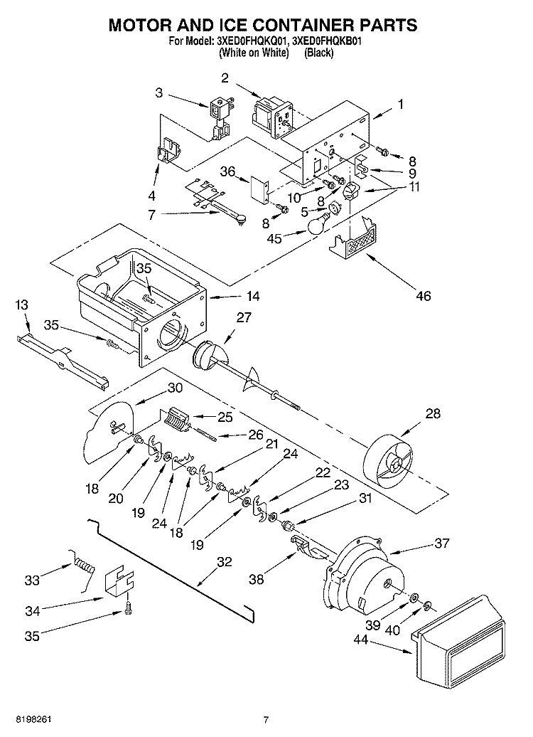 MOTOR AND ICE CONTAINER Diagram and Parts List for 3XED0FHQKB01  Whirlpool Refrigerator