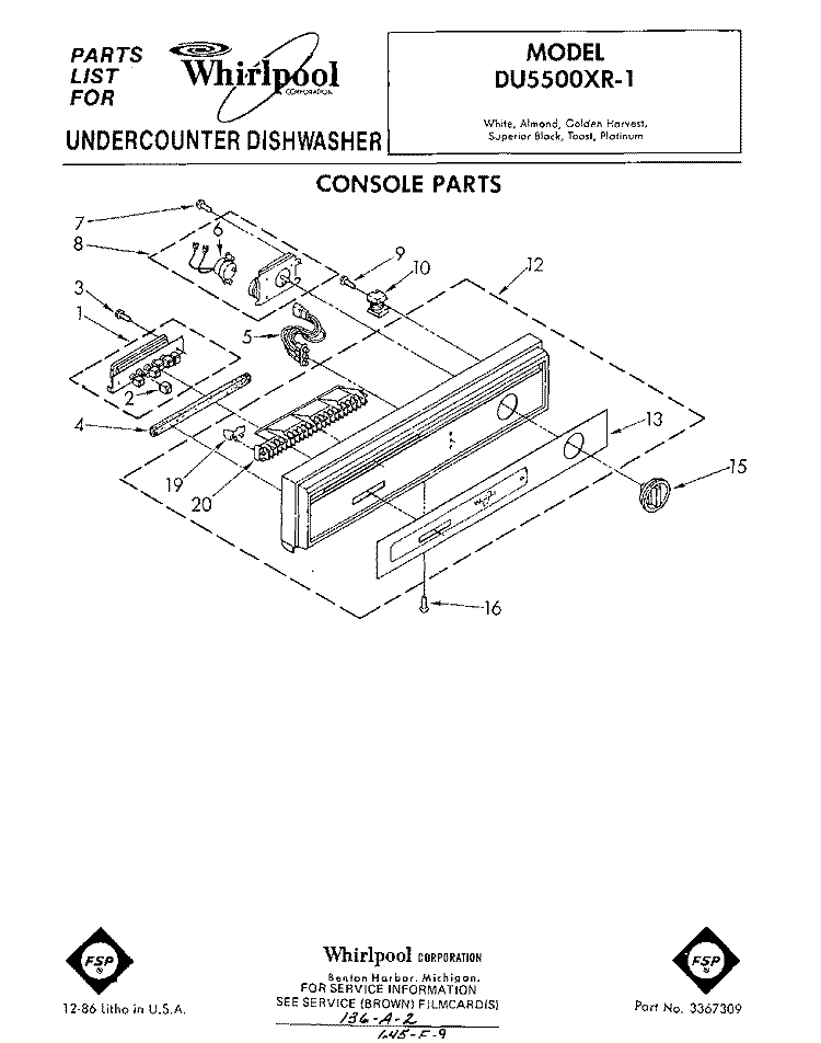 CONSOLE Diagram and Parts List for DU5500XR1  Whirlpool Dishwasher